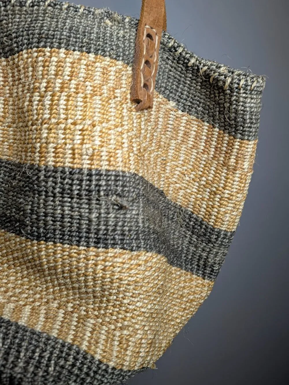 Vintage Sisal Market Bag African Boho Jute Striped Leather Straps Bucket Tote